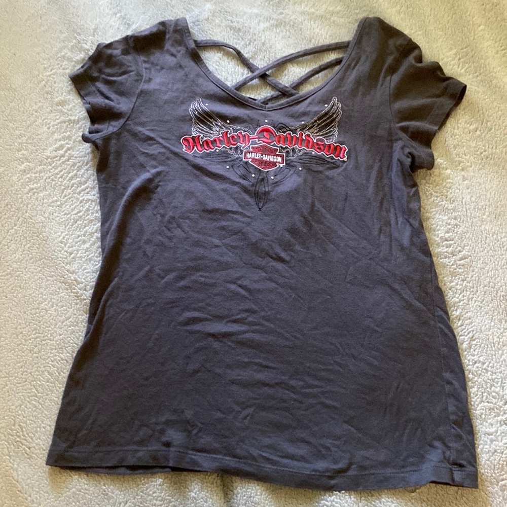 Harley-Davidson Black Short Sleeve Crisscross Neck Tee with Red Logo